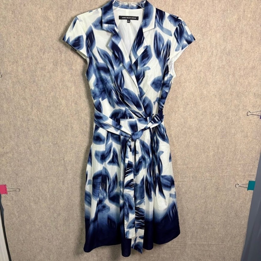 Jones Wear Wedding Guest Dress Blue/White Cotton Floral Faux Wrap Fit Flare 10